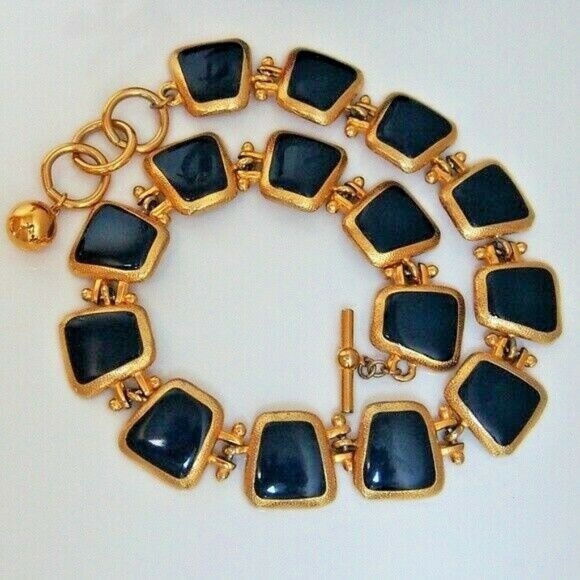 Anne Klein Jewelry - SOLD 1990s Anne Klein Black Gold Enamel Link Necklace